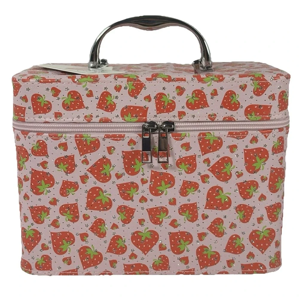 Pink Strawberry Makeup Train Case Cosmetic Bag Glitter Vanity Storage Case Y2K